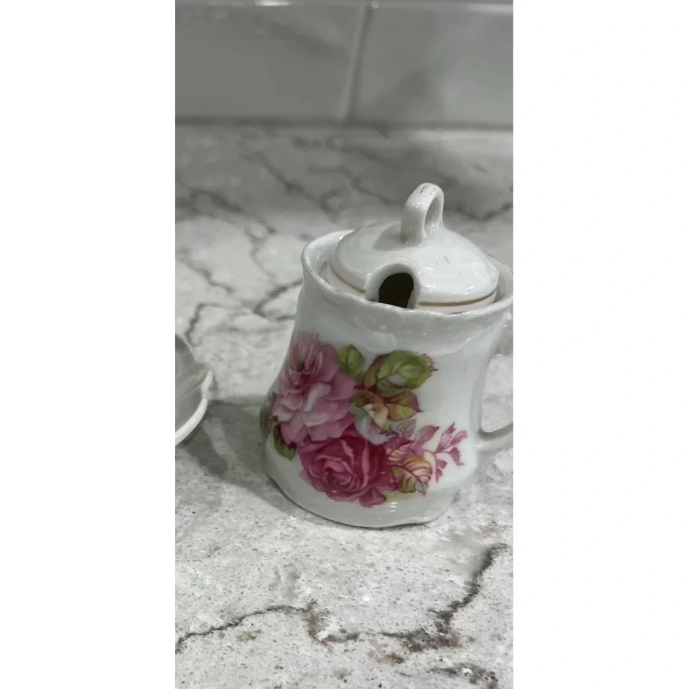Vintage German Porcelain Hand Painted Sugar Bowl With‎ Lid -Pink Roses Design